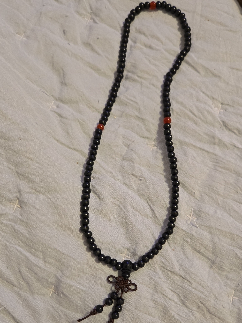 Black Beaded Necklace with Red Accent Beads